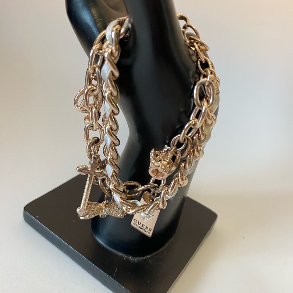 Guess Gold Chain Bracelet 2 strands ribbon charm rose gold bracelet